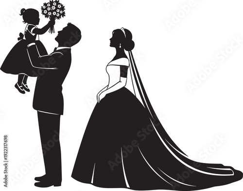 Black wedding silhouettes of a bride, groom holding a flower girl with a bouquet, and romantic marriage celebration scenes, isolated.