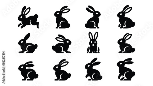 Collection of modern easter bunny silhouettes in black on white background for logo or icon use