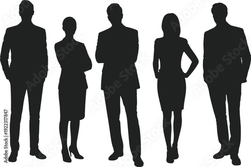 Business silhouettes illustration with professionals in formal attire, teamwork, corporate identity, workplace diversity concept, black and white artwork design