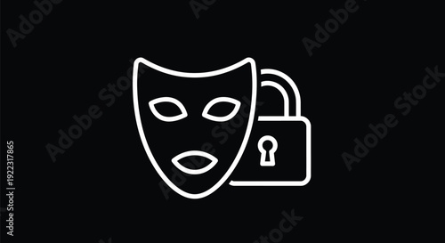 Anonymity Privacy Mask Lock Monoline Icon – Secure Identity Minimal White Line Art on Black Vector