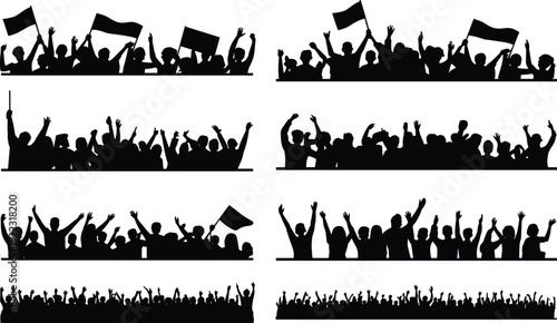 Cheering crowd silhouettes illustration with celebration, protest, unity, waving flags, holding signs concept, black and white artwork design