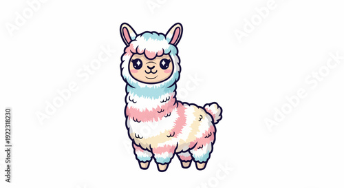 Colorful cartoon llama standing on a white background with pastel pink blue and yellow fur.