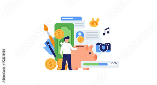 Digital Content Monetization and Creative Income Savings. Flat Illustration of Man Earning Royalties from Art, Music, and Photography.