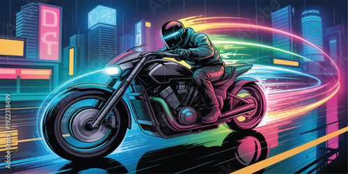 Man riding motorcycle on city road at night with neon lights  urban scene