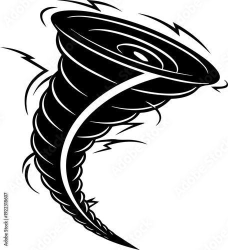 Stylized Black Tornado Whirlwind with Lightning Bolt Swirl Vector Graphic