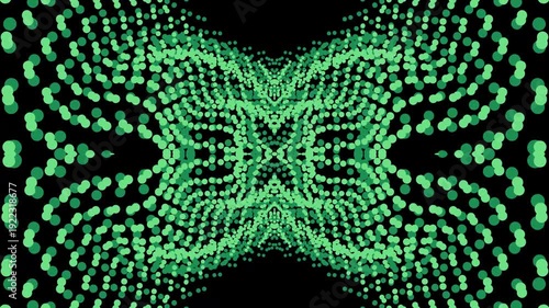 Abstract green dots tunnel moving forward with black background.