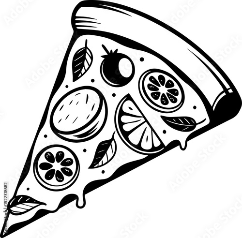 Hand drawn pizza slice vector illustration with pepperoni tomato and basil leaves