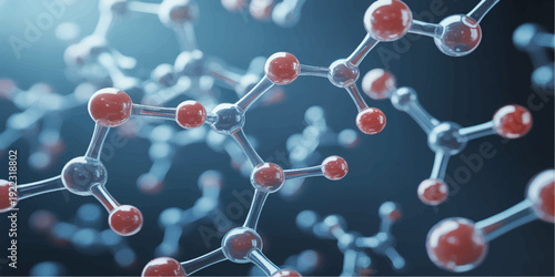 Molecular structure with red and white balls and sticks connected in a scientific model