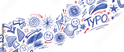 Blue pen scribble and doodle collection. Blue pen lines, arrows and scribbles at grid notebook background. Crayon drawn note doodles for hand drawn diagram, infographic and journaling