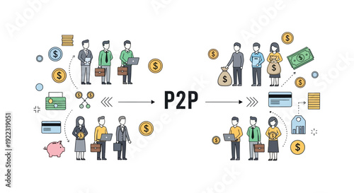 P2P (Peer-to-Peer) Financial Transaction Concept. Decentralized Lending, Business Model, and Fintech Diagram Illustration.