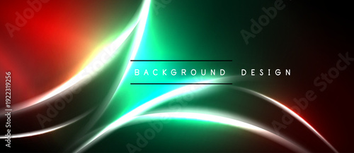Abstract vibrant background. Smooth curves, glowing lines create dynamic visual effect. Red, green hues dominate composition.