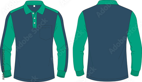 Long sleeved polo shirt vector template with front pocket, navy blue and green color block design, isolated for apparel mockups, and fashion.