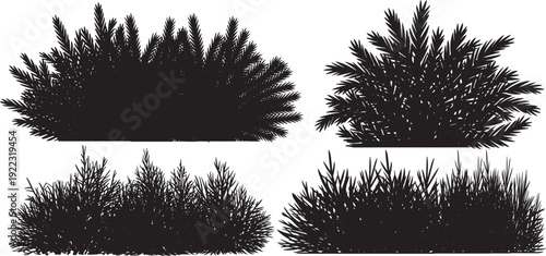 collection of various black silhouettes of bushes, shrubs, and ornamental foliage. nature botanical black vector illustration