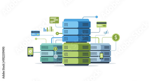 FinTech Data Center Network. Cloud Computing, Server Storage, and Secure Financial Transactions Concept.