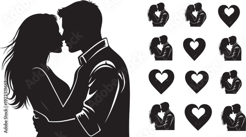 Romantic black silhouettes of a couple kissing and hugging, featuring heart shapes for love, Valentine's Day, wedding, and engagement design projects.