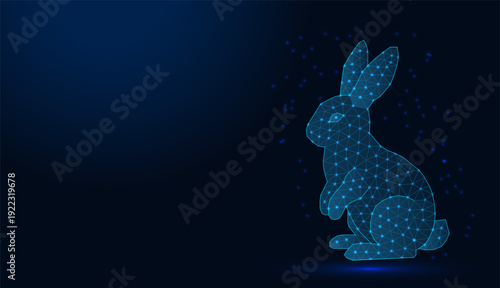 Low poly wireframe bunny on dark blue background.