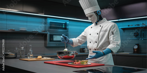 Robot chef preparing food in modern kitchen with utensils and ingredients on counter