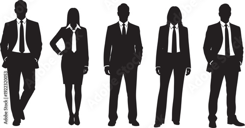 Set of professional business people silhouettes wearing suits and ties standing in a row isolated on a white background for design