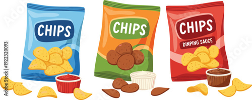 Flat vector illustration set of crunchy potato chips in blue orange and red bags with tomato ketchup and cheese dipping sauce isolated on white.