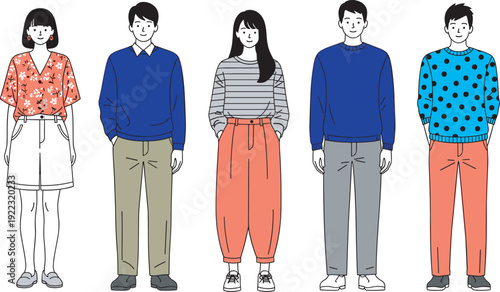 Set of young people standing in casual outfits flat vector illustration of diverse men and women for lifestyle and fashion design