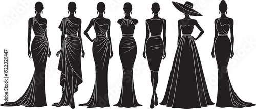 Vector set of black silhouettes including cheerleaders, fashion dresses, tactical shooting poses, travelers with luggage, sea turtles, and romantic wedding couples.