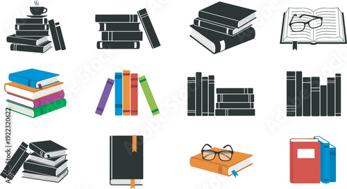 Vector set of book stacks, library bookshelves, open textbooks with reading glasses, colorful novels, and educational study icons, isolated on white.