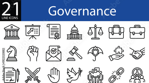 Governance line icon set in outline style, government buildings, justice scales, strategy chess, teamwork handshake, and peace dove