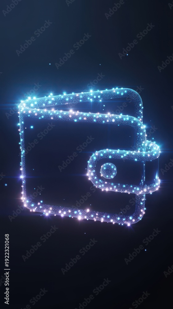 Obraz premium Glowing blue digital wallet with sparkling particles on dark background