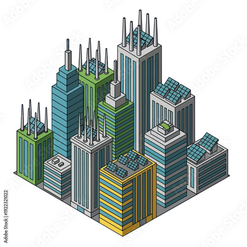 Isometric Cityscape with Modern Skyscrapers and Buildings.