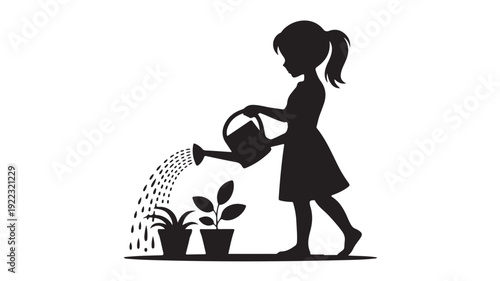 Little girl watering plants in simple silhouette style with soft black and white lighting for gardening illustration