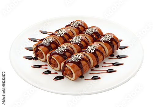 A plate of sushi rolls with sauce and sesame seeds