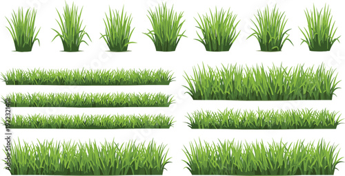 Fresh green grass set, realistic lawn and meadow borders collection, natural garden foliage elements isolated for landscape design