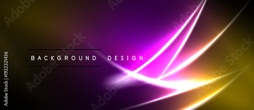 Abstract neon lines blend into vibrant purple, orange gradients. Background text reads background design. Modern, dynamic visual effect.