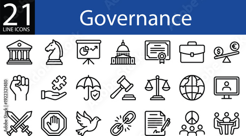 Governance line icon set in outline style, government, law, finance, security, and diplomacy