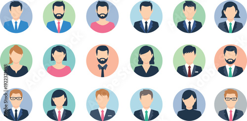 Flat vector illustration set of professional business avatar profile characters including diverse men and women in suits and office attire for corporate team portrait.
