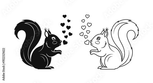 Black and white squirrels sharing hearts and love illustration vector art Vector