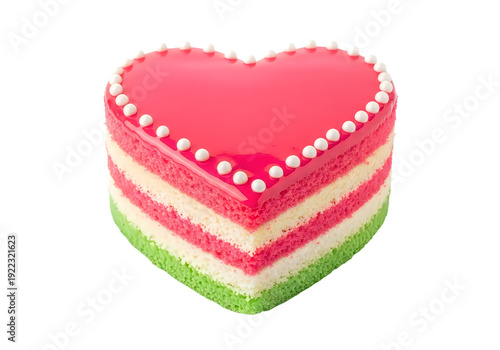 A heart shaped cake with pink and green layers