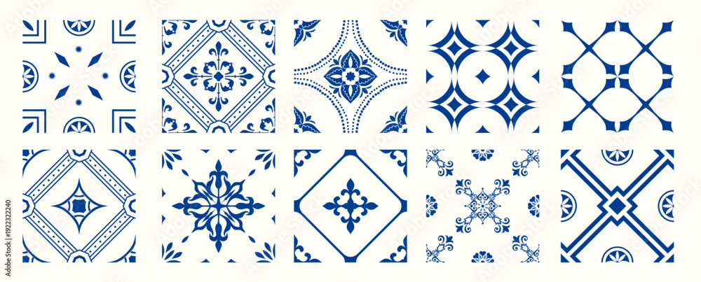 Fototapeta premium Set of 10 tiles azulejios. Mediterranean tile, blue and white seamless patterns. Spanish, Sicilian, Portuguese, Italian traditional ornaments. Set of floral mosaic designs with ethnic motifs. vector