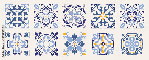 Set of 10 tiles azulejios. Mediterranean tile, blue and white seamless patterns. Spanish, Sicilian, Portuguese, Italian traditional ornaments. Set of floral mosaic designs with ethnic motifs. vector