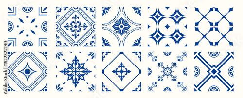 Set of 10 tiles azulejios. Mediterranean tile, blue and white seamless patterns. Spanish, Sicilian, Portuguese, Italian traditional ornaments. Set of floral mosaic designs with ethnic motifs. vector