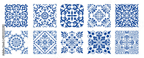 Set of 10 tiles azulejios. Mediterranean tile, blue and white seamless patterns. Spanish, Sicilian, Portuguese, Italian traditional ornaments. Set of floral mosaic designs with ethnic motifs. vector