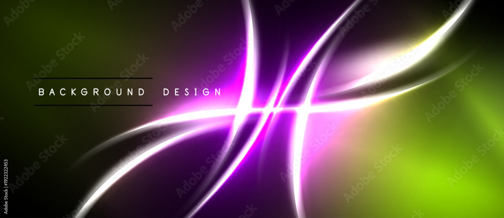 Naklejka premium Abstract neon lines create dynamic, glowing shapes over green, purple gradient. Modern design element for backgrounds.
