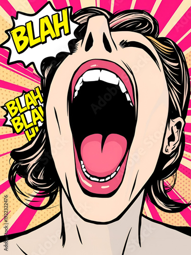 Vibrant comic illustration of woman's mouth shouting blah blah blah