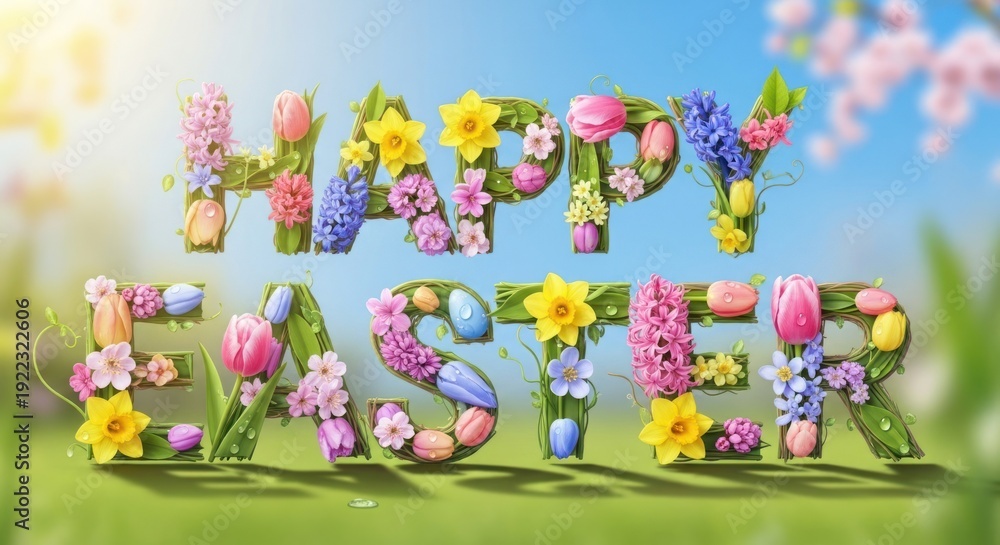 Obraz premium Happy Easter greeting spelled out using vibrant flowers, blooming plants, and colorful eggs outdoors.