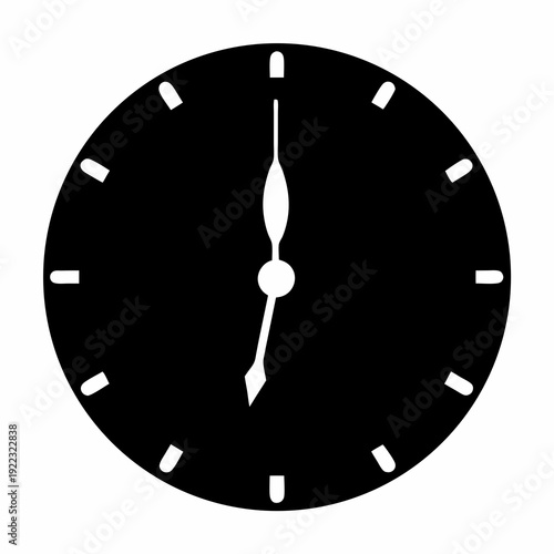 Simple black and white clock illustration displaying the time around six o'clock