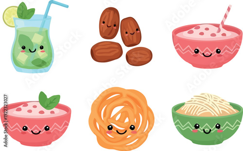 Colorful cartoon food and drink illustrations with smiling faces