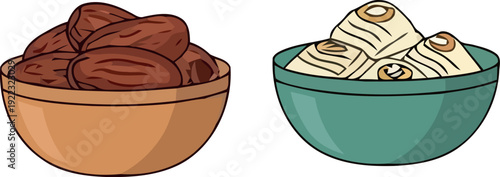 Delicious dates and pastries in bowls ready for serving
