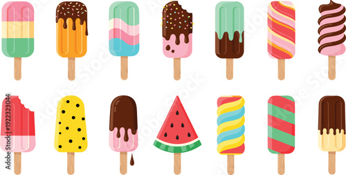 Flat vector illustration set of colorful fruit popsicles including chocolate glazed ice lollies with sprinkles and watermelon shaped frozen snacks for sweet summer dessert.