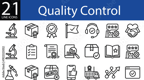 Quality control line icon set in outline style, lab testing, certification, inspection, logistics, and approval