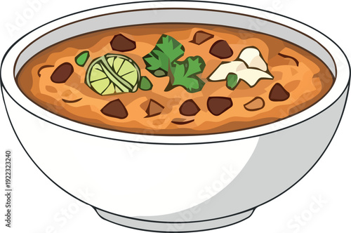 Delicious bowl of chili with toppings and fresh herbs